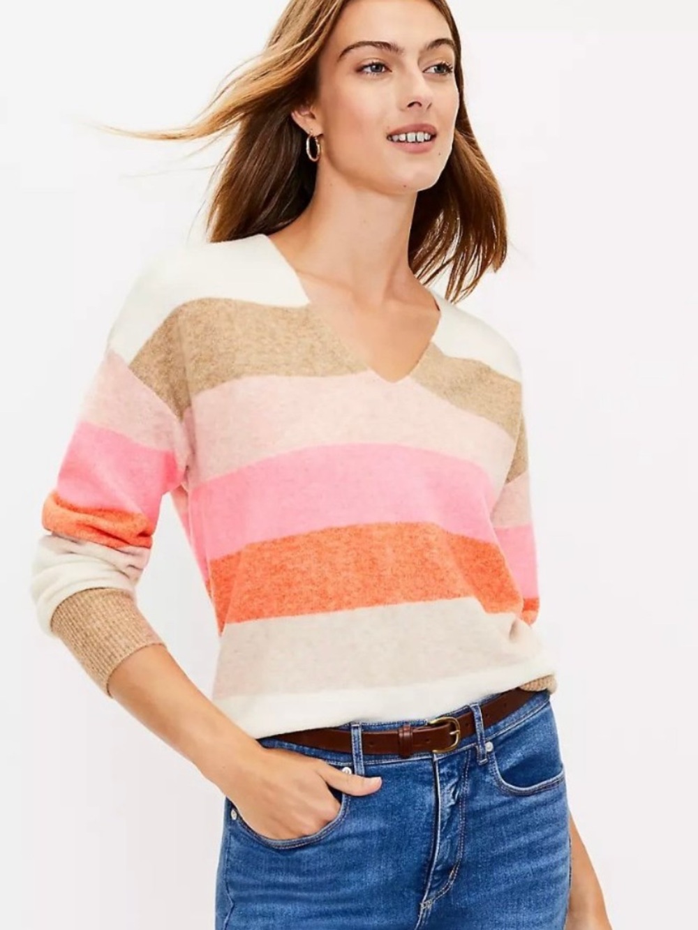LOFT Oversized V-Neck Striped Sweater in Pink, Orange & Cream